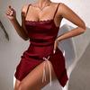 Satin Lace Cami Nightgown Side Slit Lace-Up Multi-Color Women's Loungewear 912 Adjustable Flirty Sleepwear with Romantic Lace-Up Details