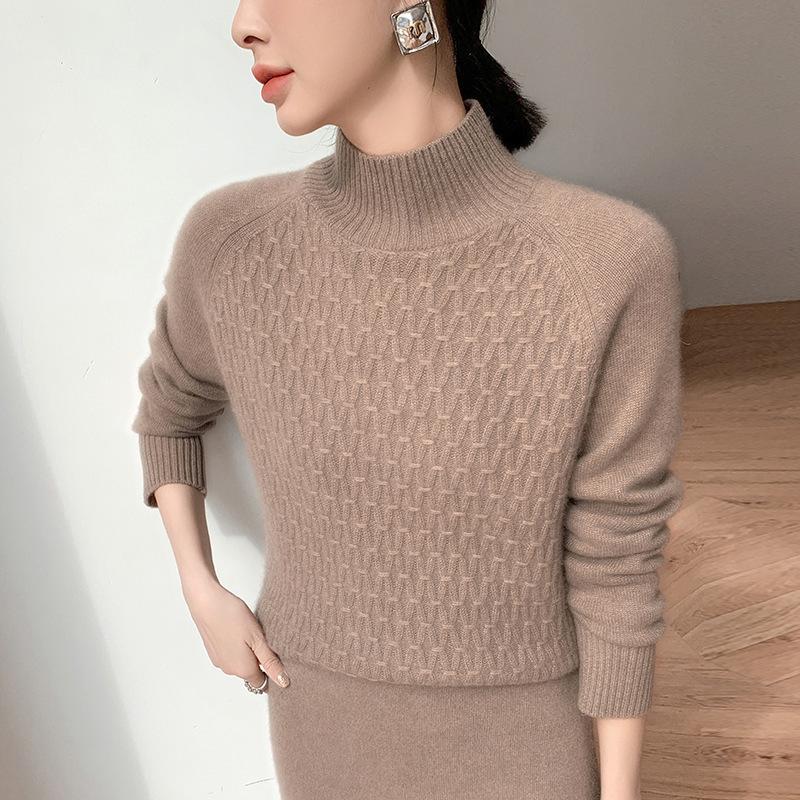 

Утолщенный пуловер с полувысоким воротником в два слоя, новый осенне-зимний, термо-пуловер, жаккардовый свитер, женская свободная вязаная футболка для ношения под низ average size