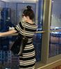 Women's Square Neck Retro Striped Knit Dress - Slim Fit, Midi Pencil Skirt, Cinched Waist, Figure-Flattering for Summer