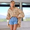 Women Spring Autumn Temperament Large Lapel Collar Plaid Shirt Loose Blouses Long Lantern Sleeve Cardigan S-XL