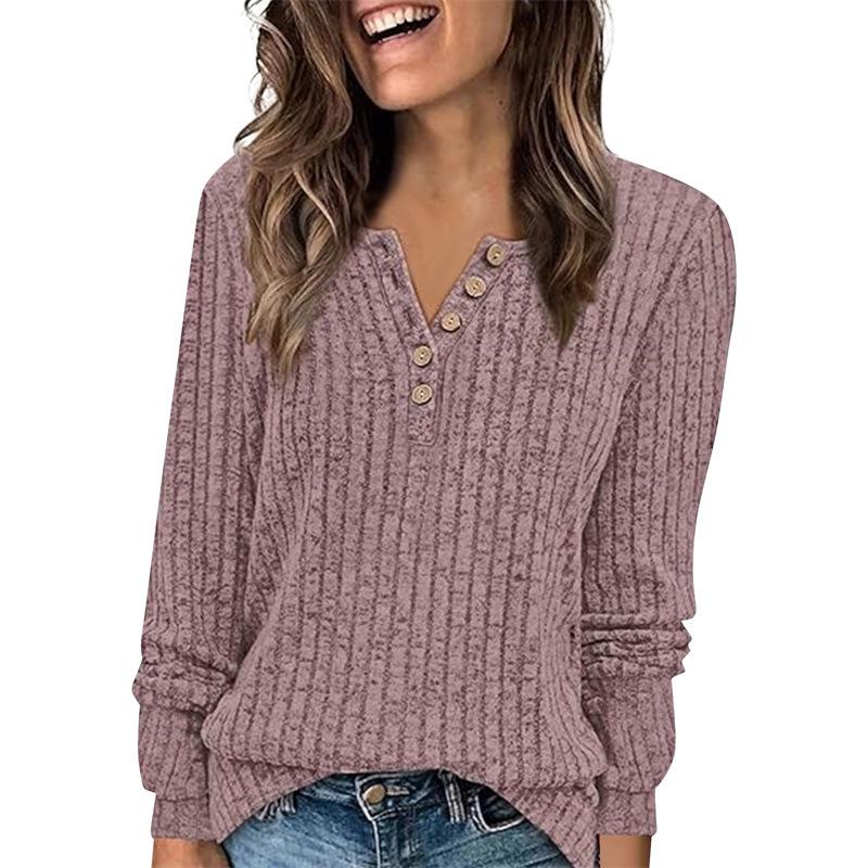 Women's Round Neck Ribbed Patchwork Solid Color Button T-shirt