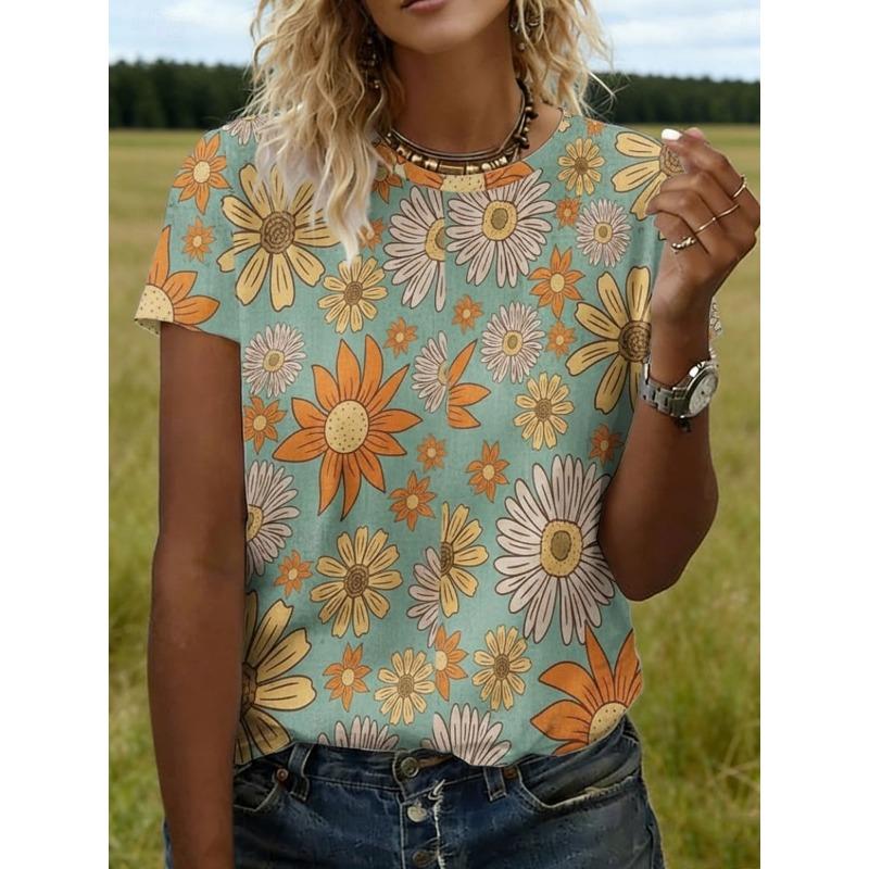 

Women s T Shirt Tee Top Print Floral Graphic Stylish Classic Casual Short Sleeve Crew Neck Regular Tops 5XL