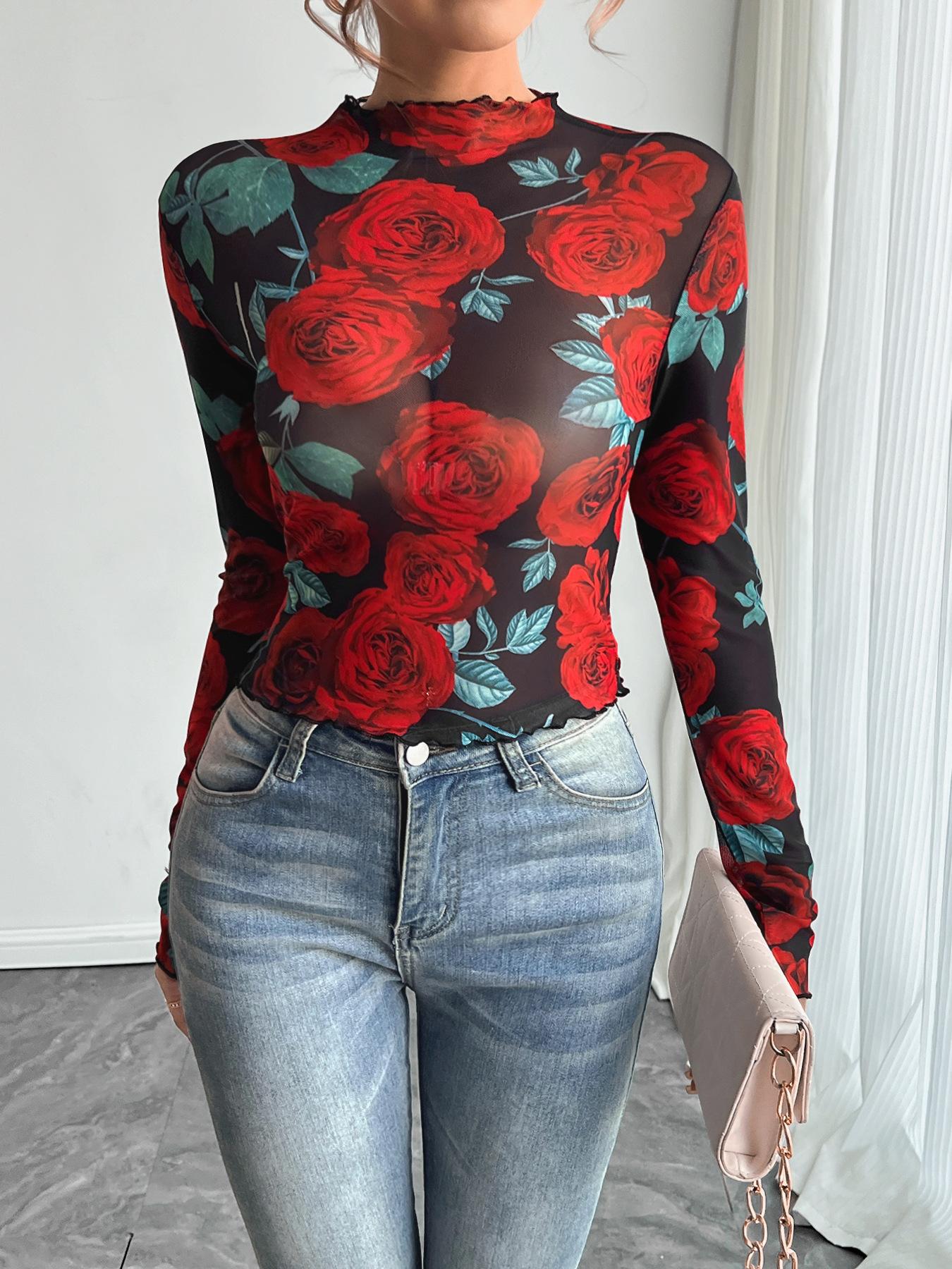 

Spring Women s Sheer Rose Floral Print Long Sleeve Stand Collar Fashion Daily Basic Office Lady Casual Slim Fit Ladies Elegant Women Long Sleeve Top S красный
