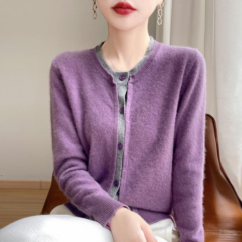 Women's Korean Style Color-Block Cashmere Cardigan - 100% Wool, Round Neck, Fake Two-Piece, Loose Fit, Autumn/Winter Short Jacket