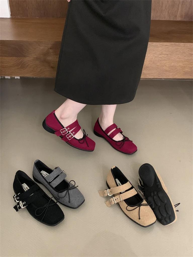 Fashion IPPEUM Velvet Mary Janes Shoes Women Ballet Flats Square Toe Rose Red Buckle Ballerinas Zapatos Mujer