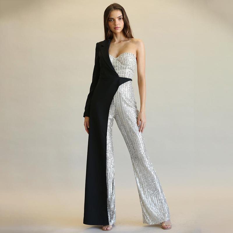 2025 One-Shoulder Silver Splicing Sequin Jumpsuit for Women - European & American Fashion