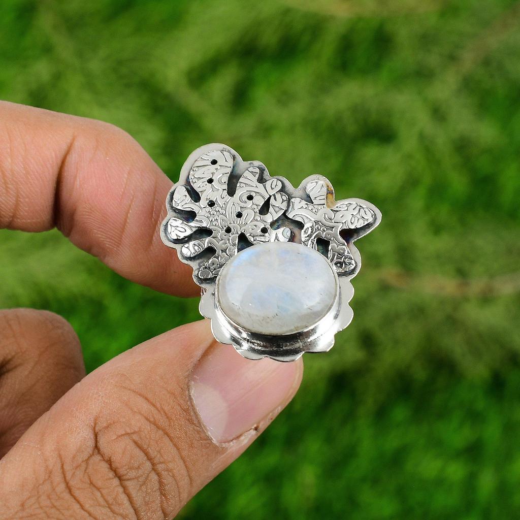 Natural Rainbow Moonstone 925 Silver Solitaire Adjustable Ring For Girls