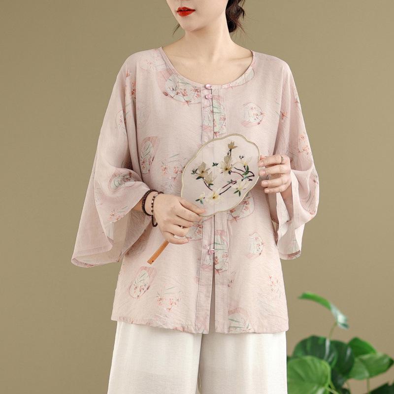 

2025 Retro Ming Dynasty Chinese Style Round Neck Summer Shirt & Wide Leg Pants Set XXL