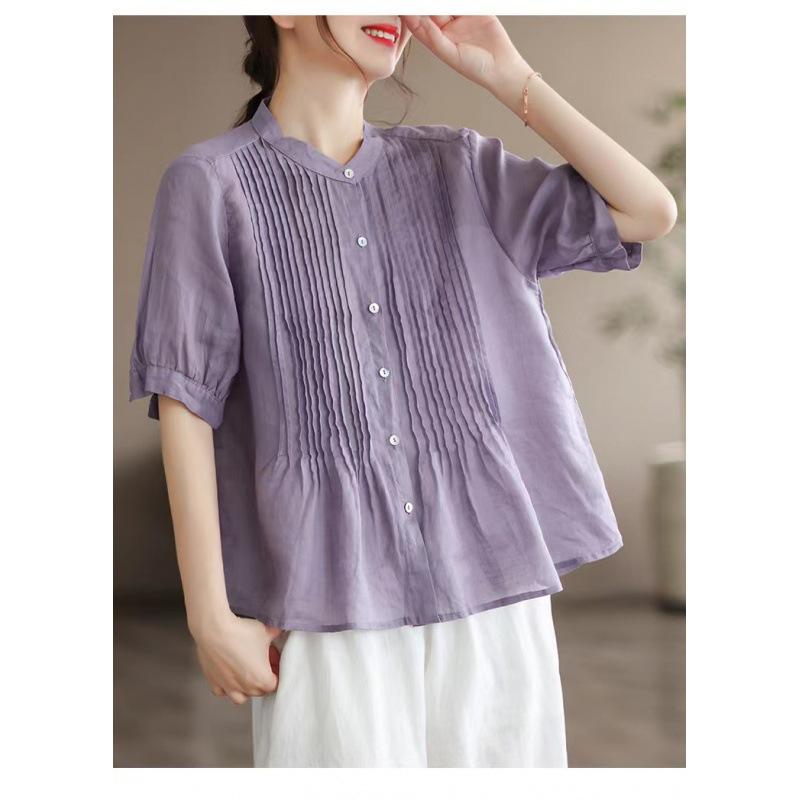 Summer Art Retro Fine Linen Top Women's Thin Cotton Linen Short Sleeved Shirt Blouses & Shirts