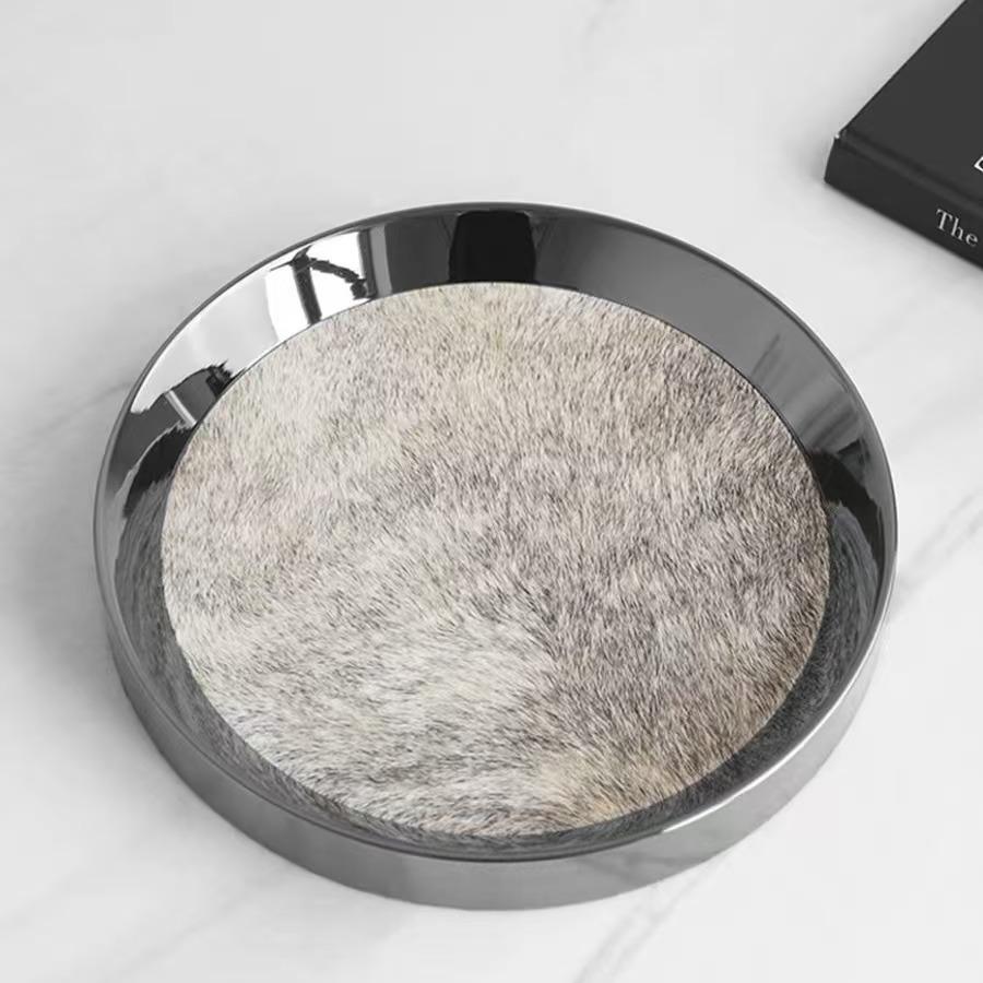 Nordic Luxury Stainless Steel Tray Round, Simulated Horsehair Storage Tray, Jewelry Storage Tray, Living Room Decoration