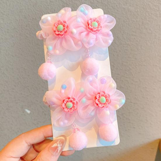 Hair Tie Soft Organza Flower Shape Hair Rope with Plush Tassels Imitation Pearls Decor High Elastic Band Bun Holder Hair Accessories