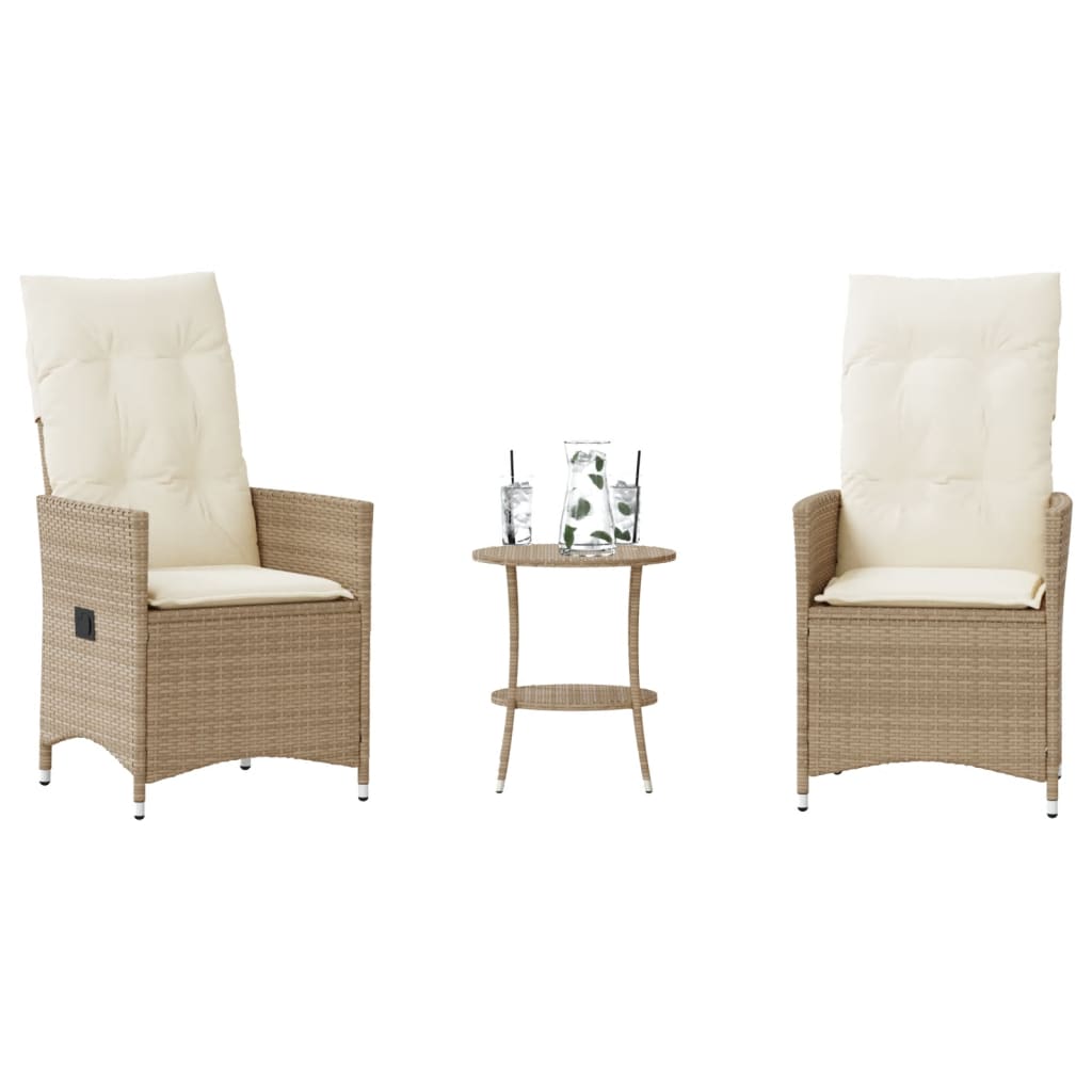 3 Piece Bistro Set with Beige Poly Rattan Cushions