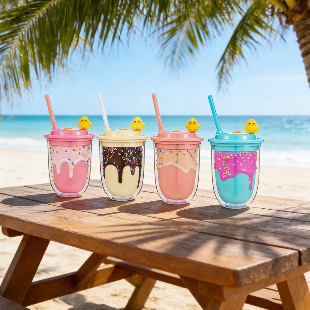Cute Ice Cream Straw Cup Creative Double Layer Plastic Water Bottle With Crushed Ice Decor Portable Tumbler For Girls Kids Gift