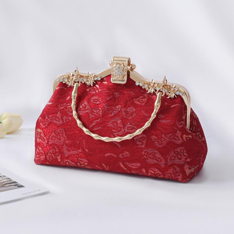 Chinese Style Clutch Bag Vintage Floral Lace Embroidery Evening Bag with Metal Frame convertible Shoulder Strap for Wedding