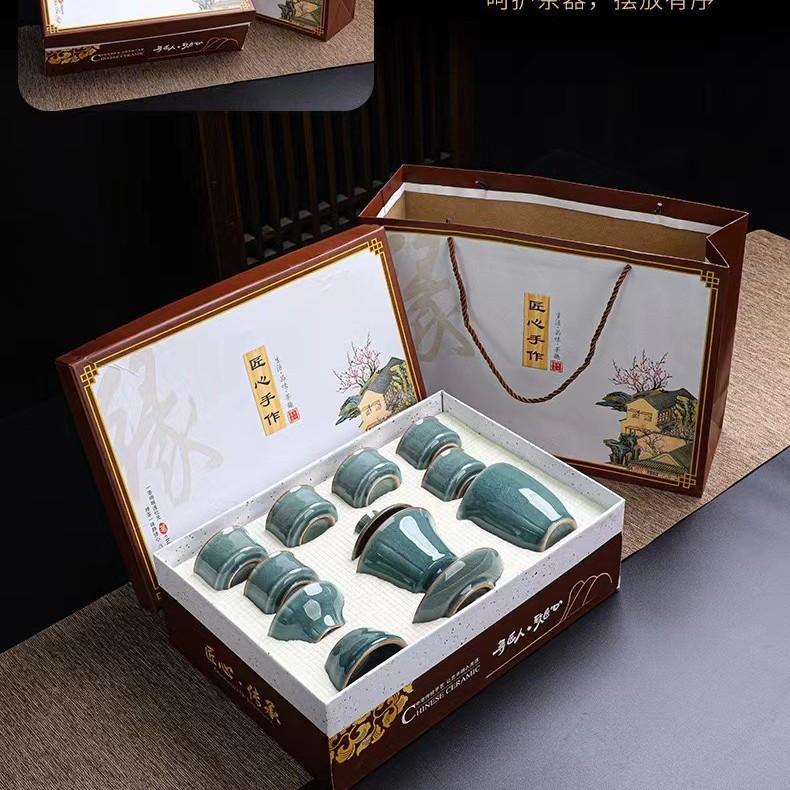 Ge Kiln Tea Set Gift Box Set Ceramic Kung Fu Opening Side Handle Teapot Household Tea Ware Gift Companion Gift Box