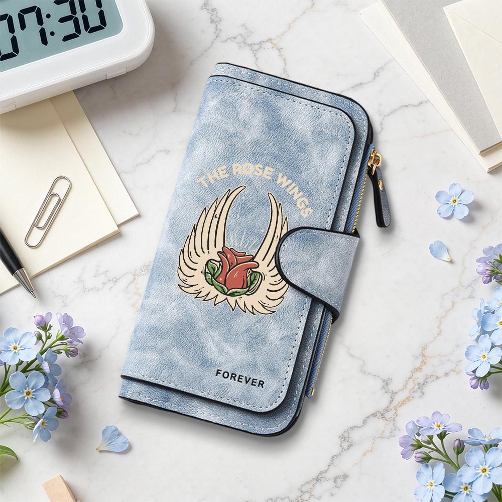 Stylish Rose Wings Print Wallet Fashion Functional Multiple Card Slots Casual Daily Use Portable Purse