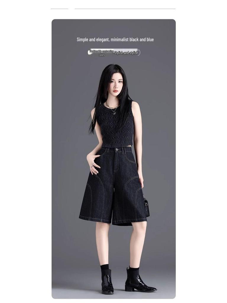 Women's Black Denim Mid-Calf Shorts - Summer 2025 Collection, Lightweight, Loose Fit, Five-Point Wide Leg Style
