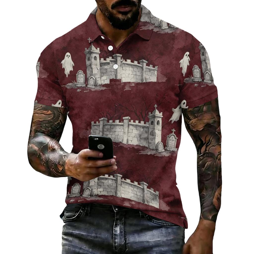 Men's Halloween Printed Short Sleeve Polo Shirt Loose Casual Summer Daily Wear Button Down Collar Top