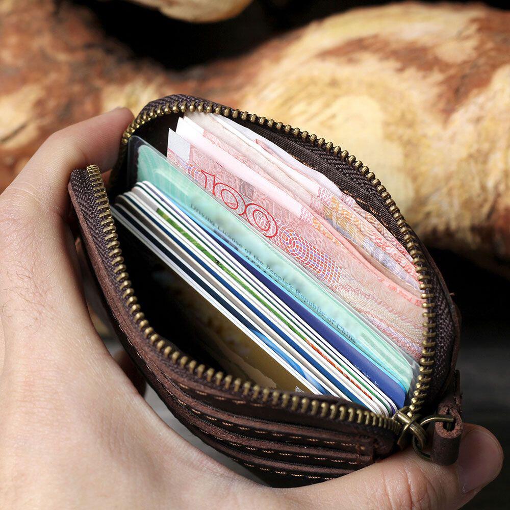 Wielokieszeniowy Portfel Męski Retro Kawa Ręcznie Robiony Skóra Crazy Horse Designerski Zapinany na Zamek Kieszonki na Monety i Karty Kredytowe Małe Saszetki