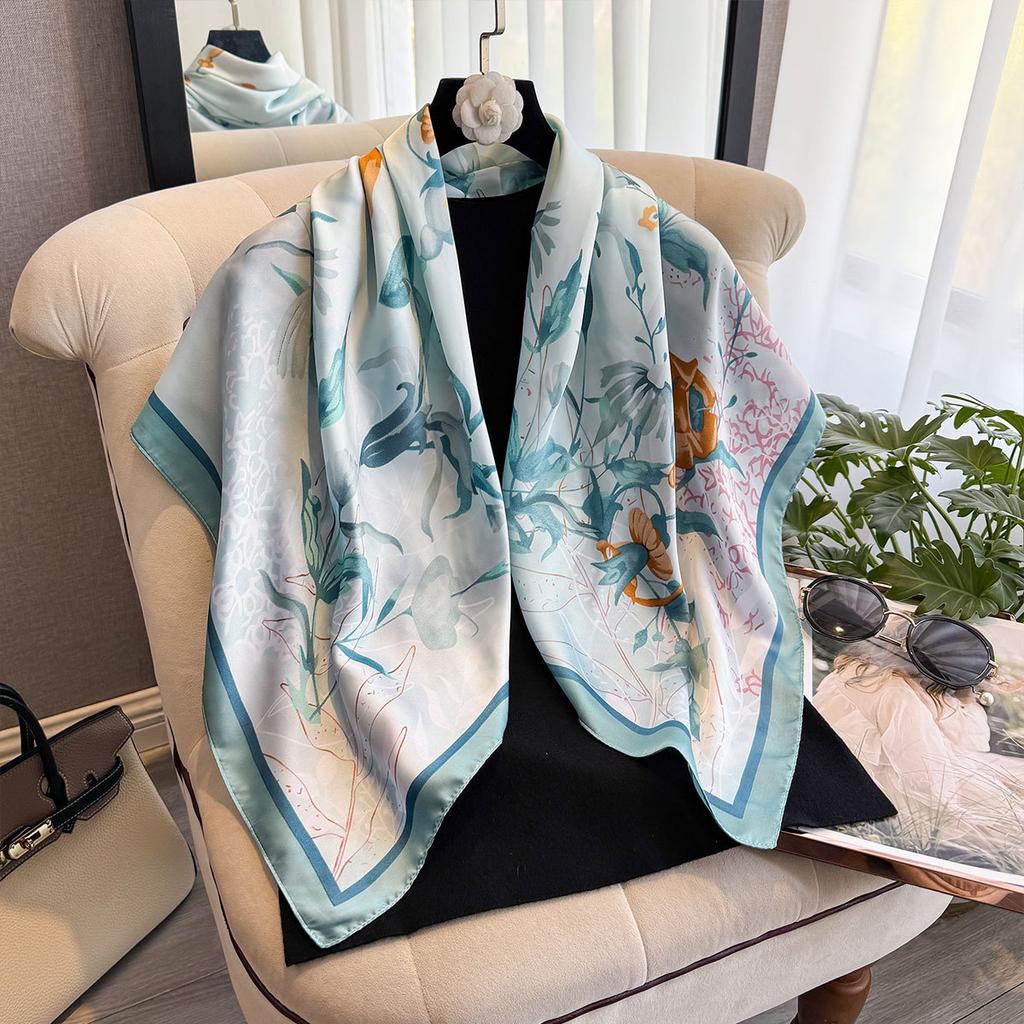 Silk Scarf Women'S Digital Printing Simulation Silk Shawl Spring And Autumn Women'S 90 Square Scarves Light Luxury Fashion Versatile