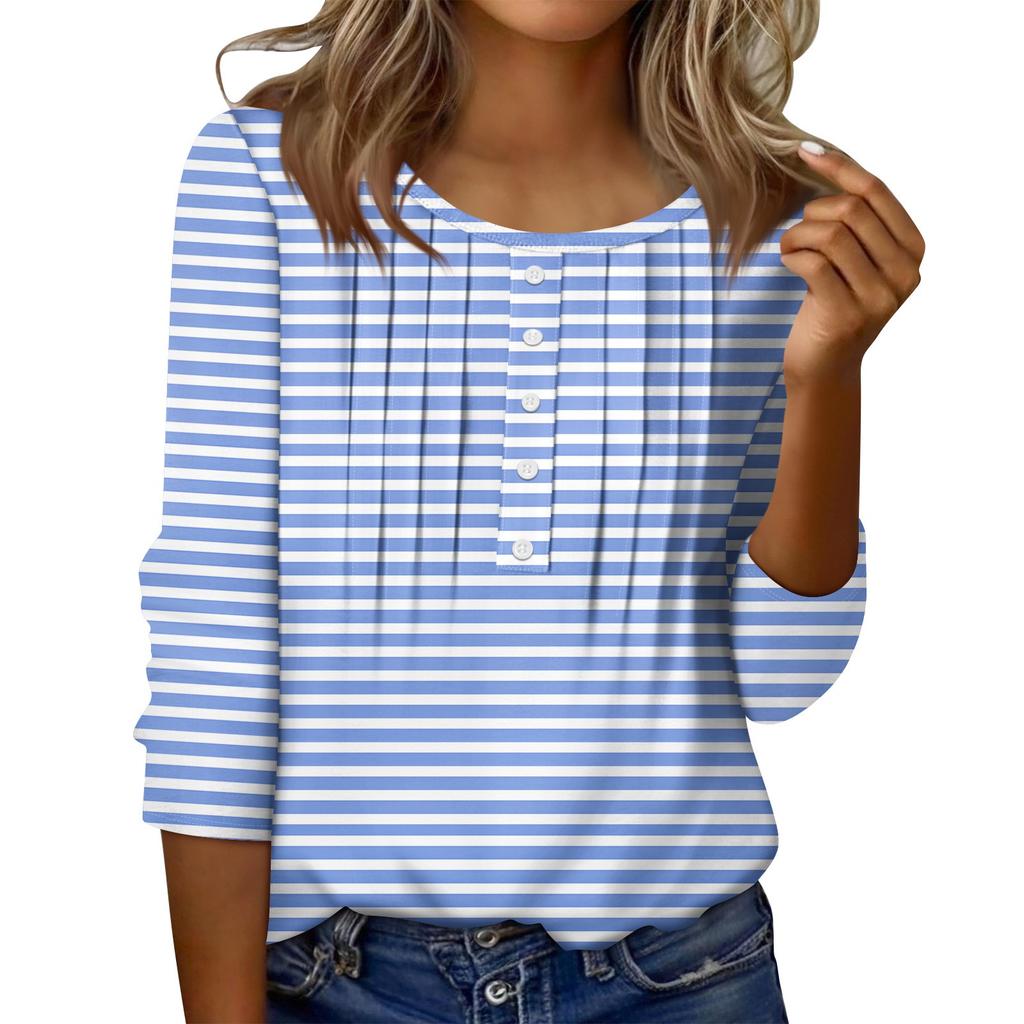 Women's Round Neck Pull Stripe Decorative Button Top Casual Solid Color 3/4 Sleeve T Shirt