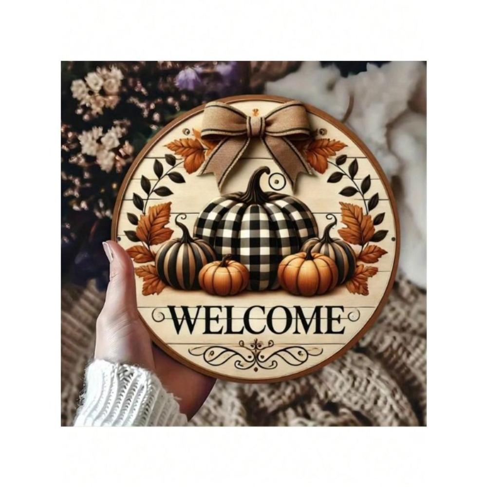 Farmhouse Round Tin Sign Pumpkin Wreath Home Garden Wall Decor