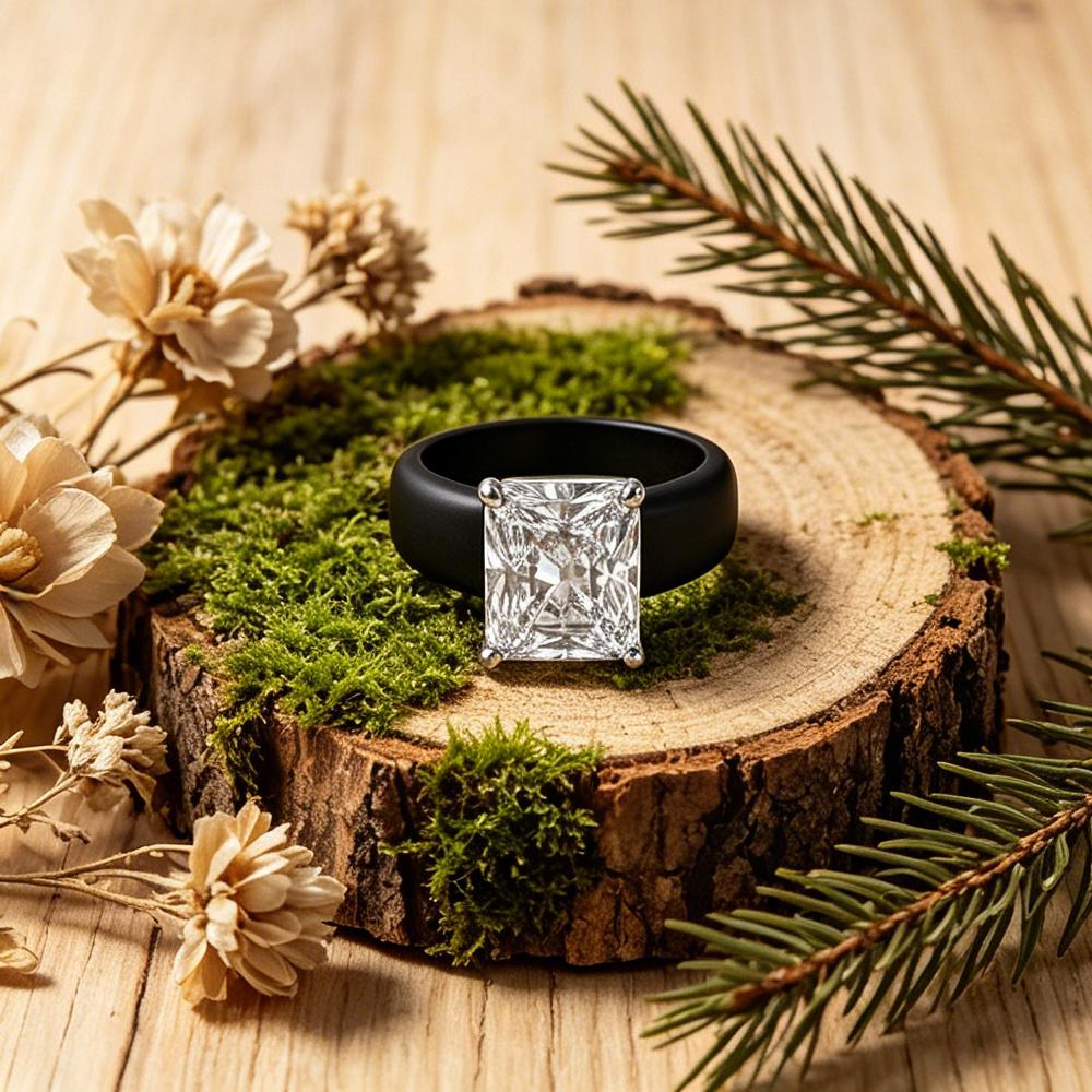 Trendiger übergroßer quadratischer matt-schwarzer Silikonring mit Zirkonia-Einlage, flexibler breiter Gummi-Sport-Ehering, lässiger täglicher Schmuck für Damen