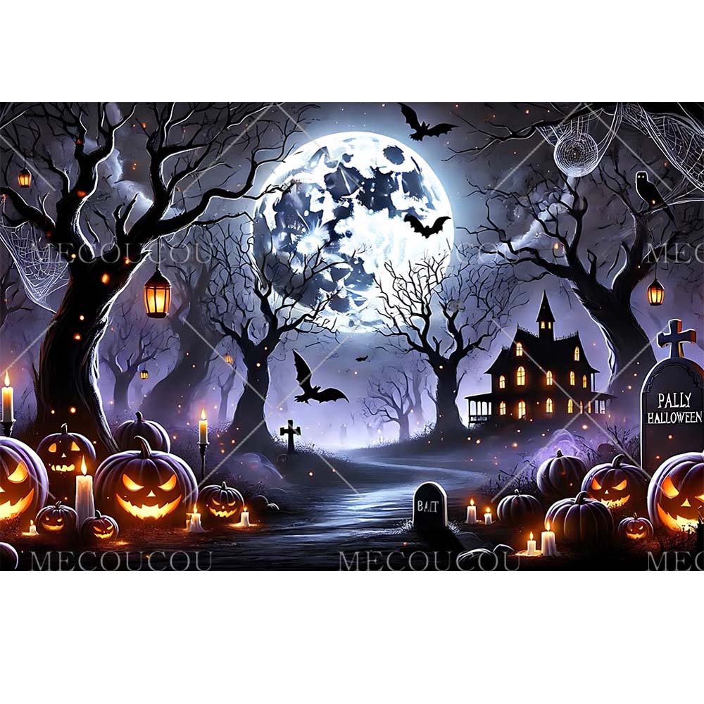Halloween Backdrop Horror Night Full Moon Pumpkin Skull Castle Cemetery Halloween Party Adult Kids Background Decor Customized