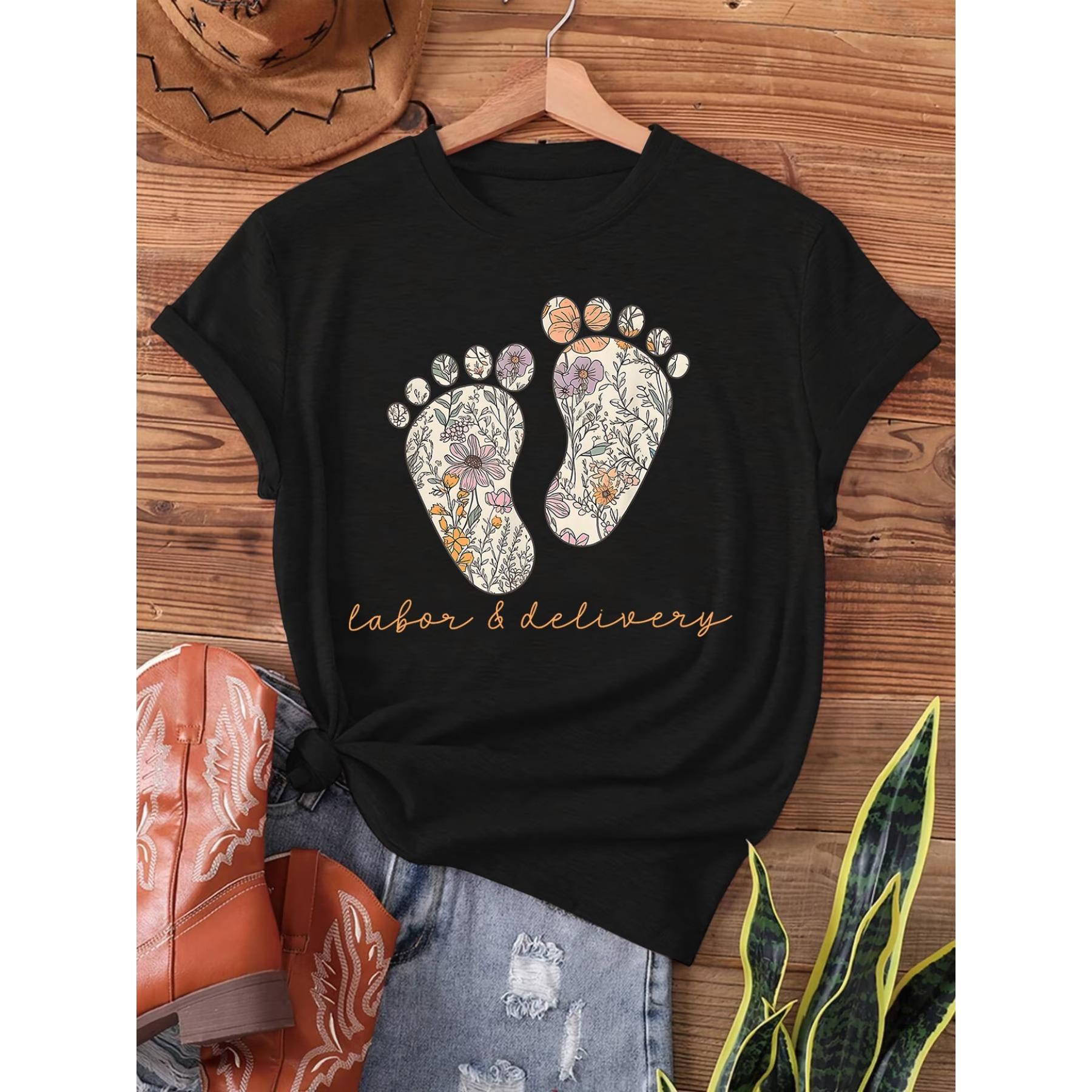 Women s Floral Labor & Delivery Nurse Print T-Shirt - Short Sleeve Casual Top with Footprint & Cursive Design, Summer & Spring, Nurse Tshirt S чёрный