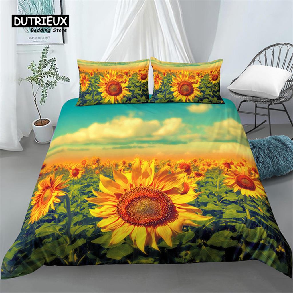 Sunflower Bedding Set Modern Microfiber Yellow Flowers Print Duvet Cover Alluring Sunflowers Summer Inspired Design Quilt Cover