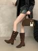 Square head thick heel khaki medium boots women's new belt buckle folded two wear western cowboy slim boots