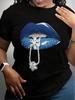 1pc Women's Black T-Shirt with Blue Lips& Diamond-Studded Chain Print- Casual Crew Neck, Short Sleeve Y2k Clothes Women T Shirt
