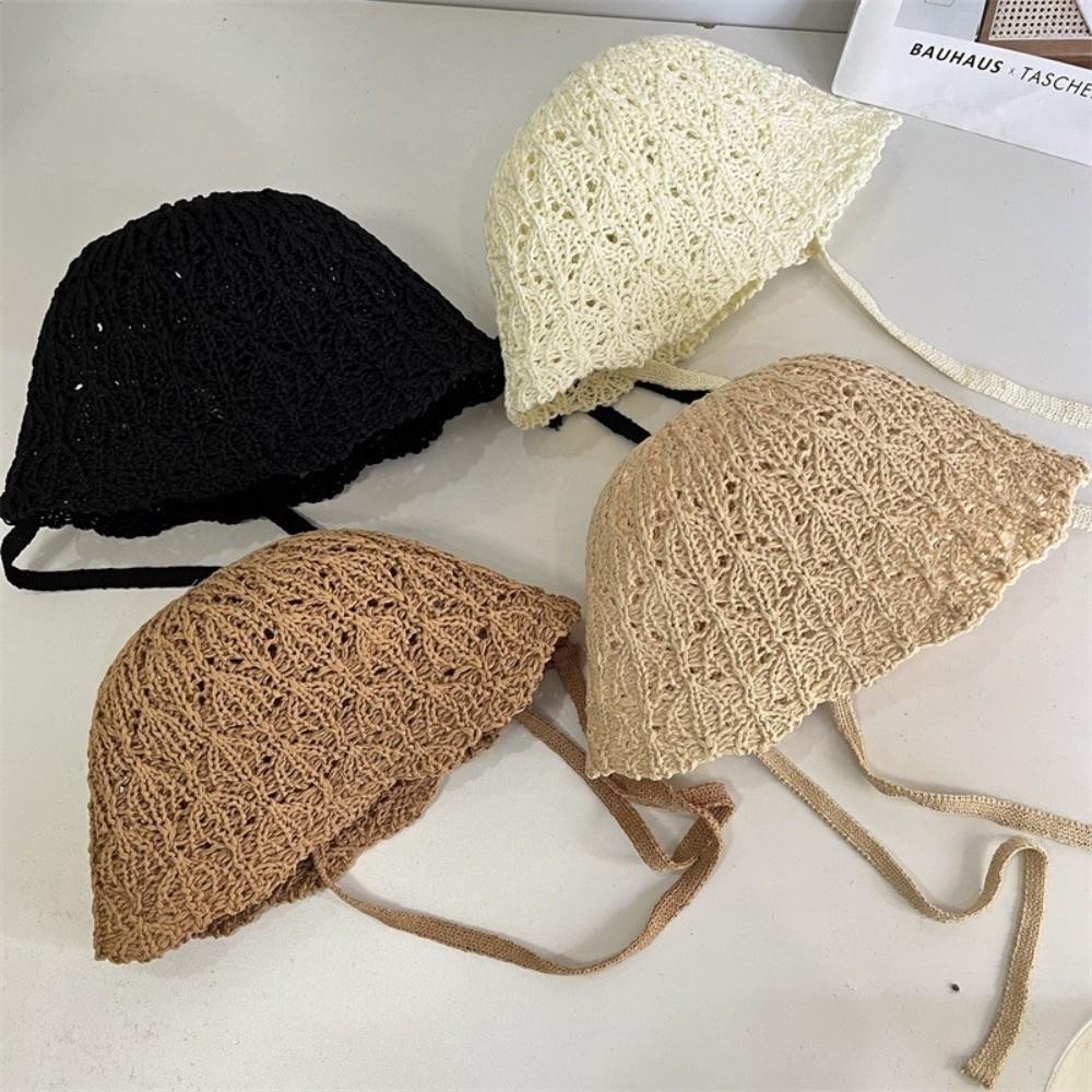 Thin Women Bucket Hat Foldable Design Solid Color Beach Panama Cap Breathable Windproof Rope Outdoor Fisherman Cap