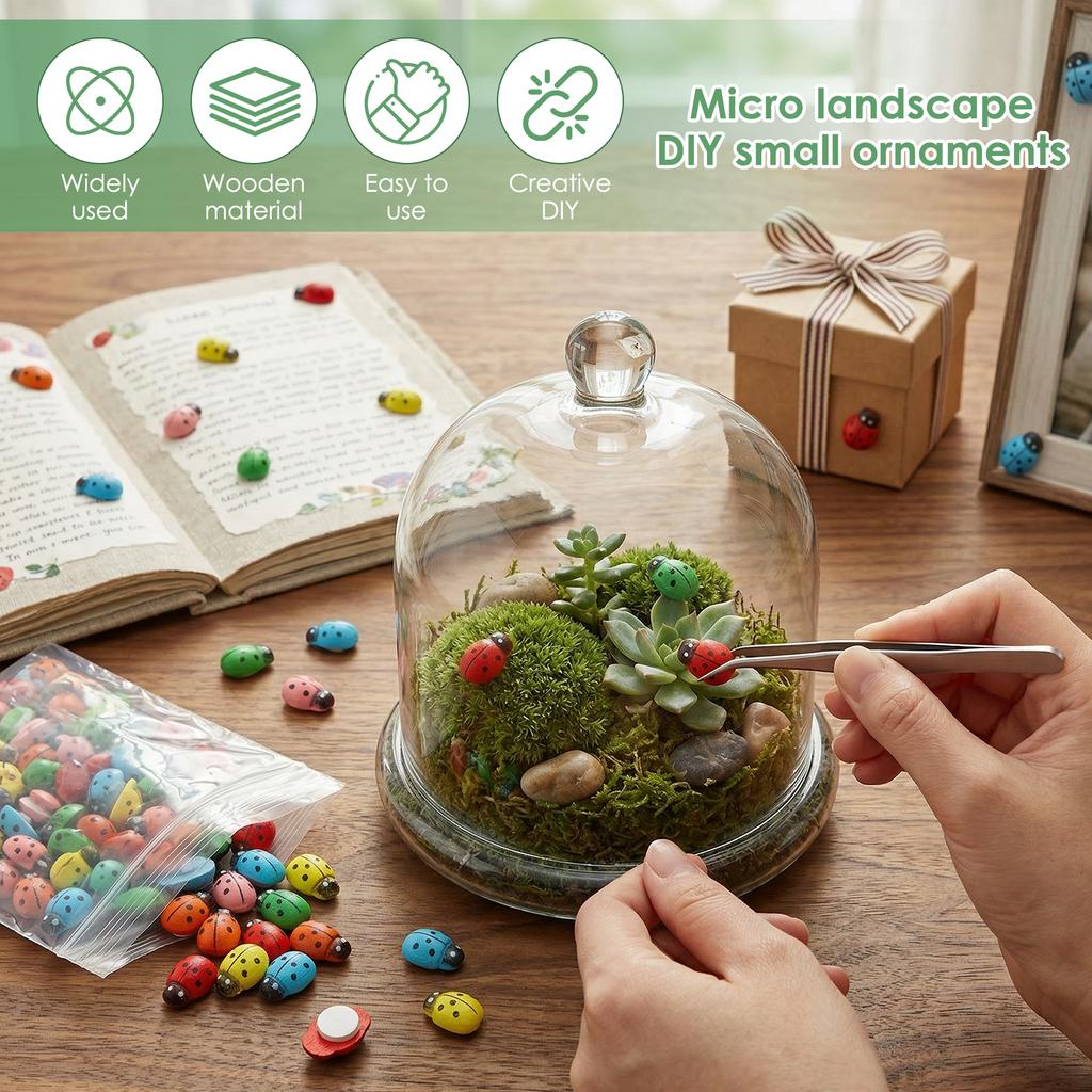 100 Pièces Autocollants Mini Abeilles Coccinelles en Bois Auto-adhésifs Colorés Coccinelle Peinte Bricolage Scrapbooking Décoration Fête de Jardin Maison