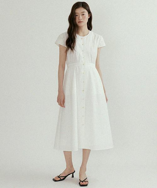 Lingseoul Button Shirring Dress-Ivory