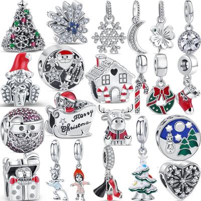 New Winter Snowflake Snowman House Tree Santa Claus Beads Fit Original  Charms Bracelet DIY 925 Silver Fine Jewelry