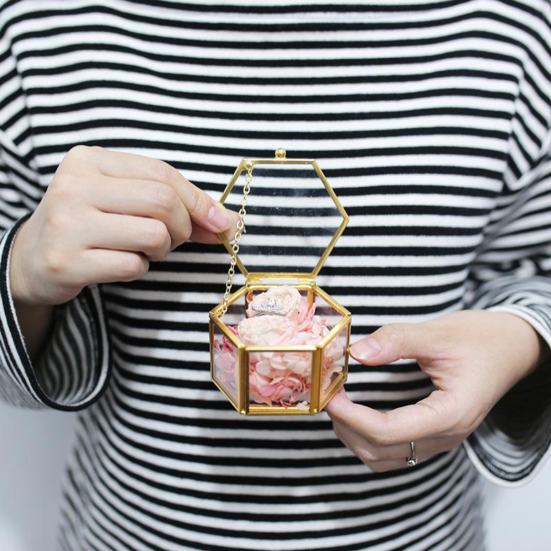 Hexagonal Engagement & Wedding Ring Box - Transparent Glass Jewelry Storage Gift Box