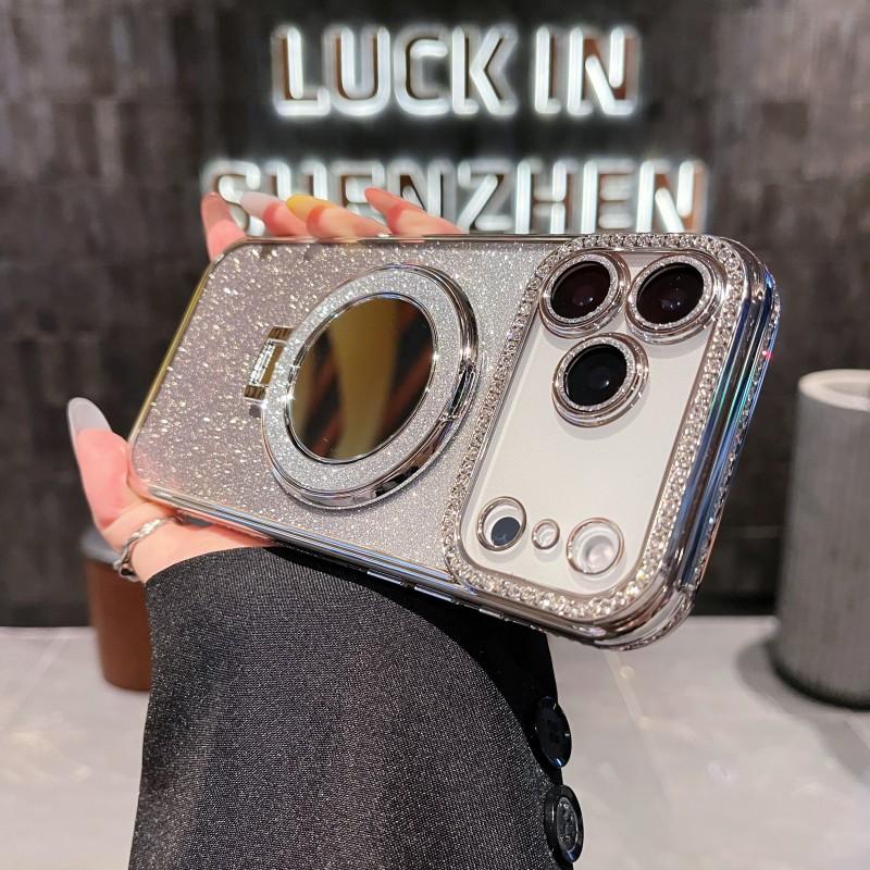 

Diamond Crystal Mirror Stand Case For iPhone 17 16 Pro Max 11 12 13 14 15 Plus Air 16E Glitter Shockproof Plating Cover for iPhone11 Pro Max