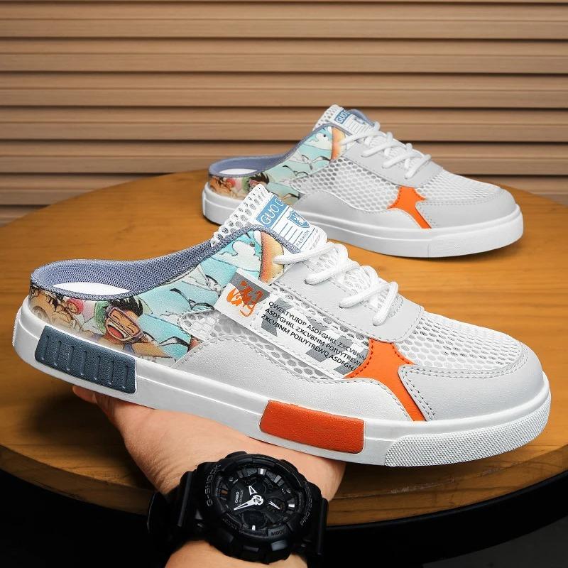 2025Large Size 47 Flat Shoes Summer Trendy Half Slipper For Men Casual Shoes Outdoor Breathable Walking Lazy Shoes Mesh Sneakers
