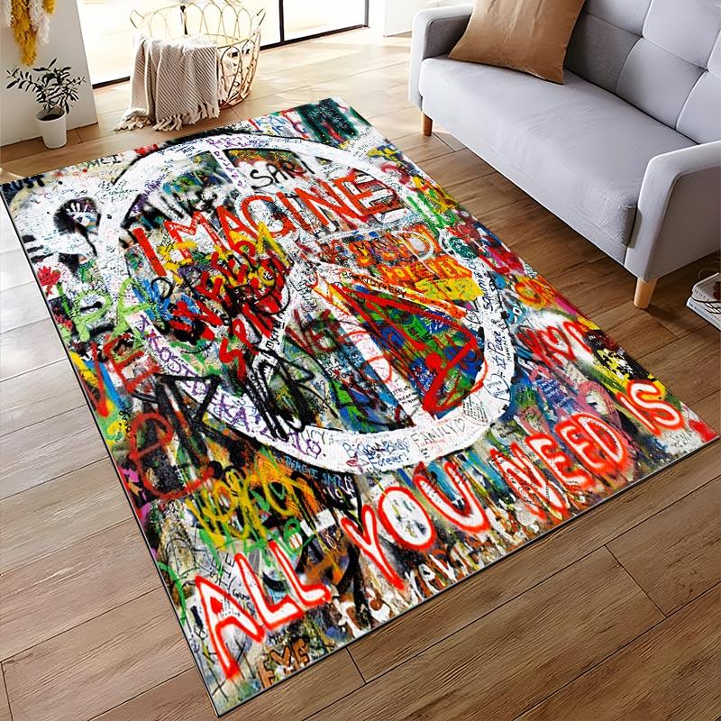 Colorful Graffiti Art Carpet with Text "Imagine" and Bold Design Suitable for use as an anti-slip for living room bedroom sofas