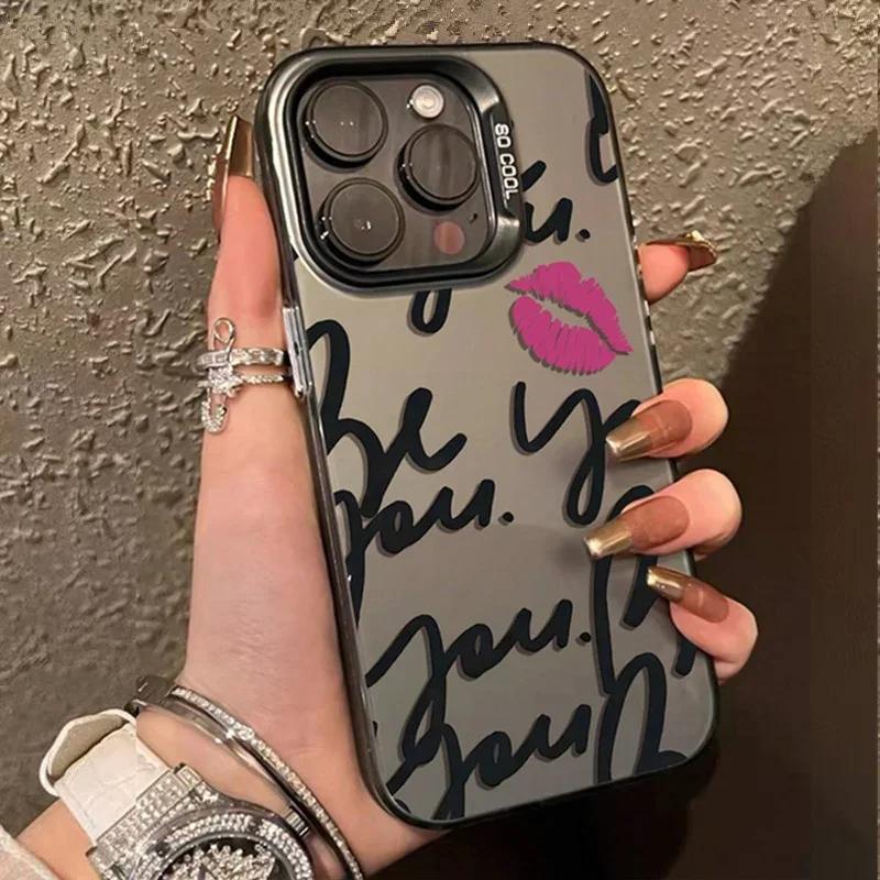 English Letter Lips Label Phone Case For iPhone 16 15 Pro Max 14 13 12 11 Pro XR XS 7 8 16 Plus SE2 Shockproof Cover