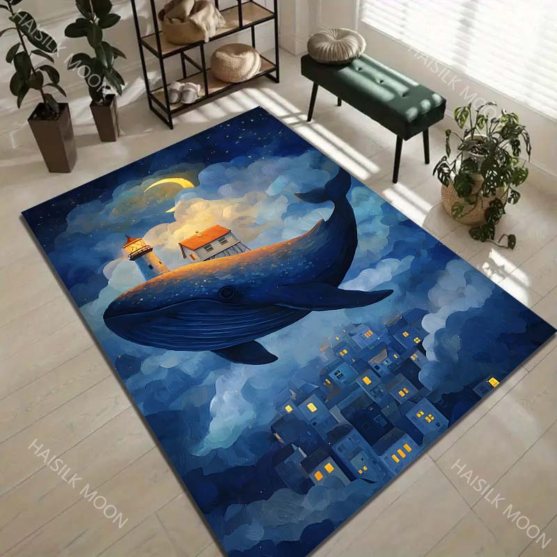 Whale Carrying Lighthouse House Print Carpet Rug for Living Room Bedroom Sofa Doormat Home Decor Non-slip Floor Mat