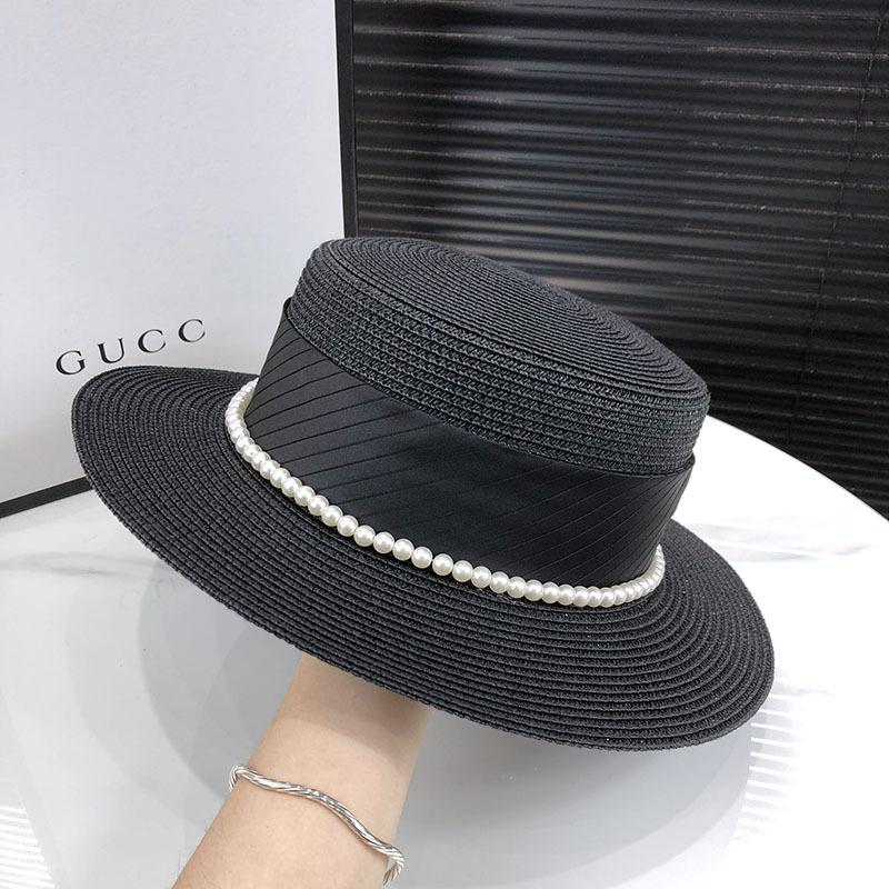 Elegant French-Style Women's Sun Hat | Natural Straw Woven with Pearl Accents | Flat Top Design for UV Protection Beach Hat