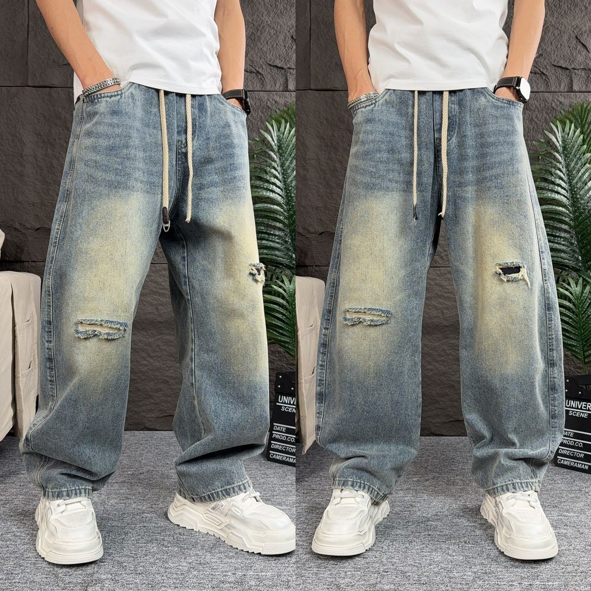 JYL Мужские Джинсы Весна Новые Американские Тяжелый Деним Пэчворк Укороченные Свободные Джинсы в Стиле  Папа  XL бездна