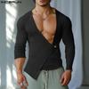INCERUN Men Deep V Neck Fitted Texture Long Sleeve Irregular Tops Undershirts