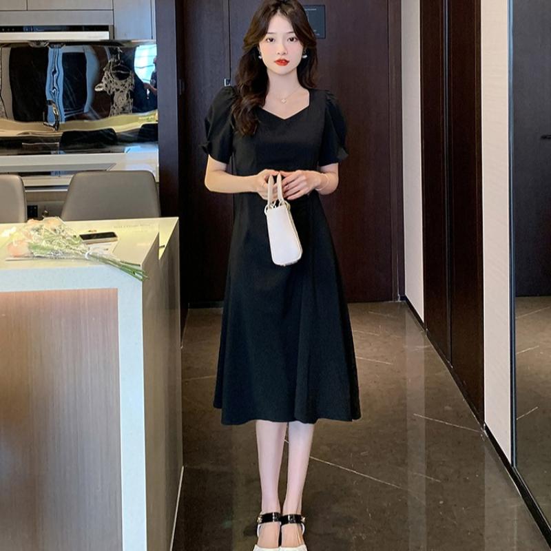 New Elegant Pleated Mid Length Dress Square Neckline with Puff Sleeves A Line Dress Waist Cinching Flowing Casual Dress Suitable for Workplace Office