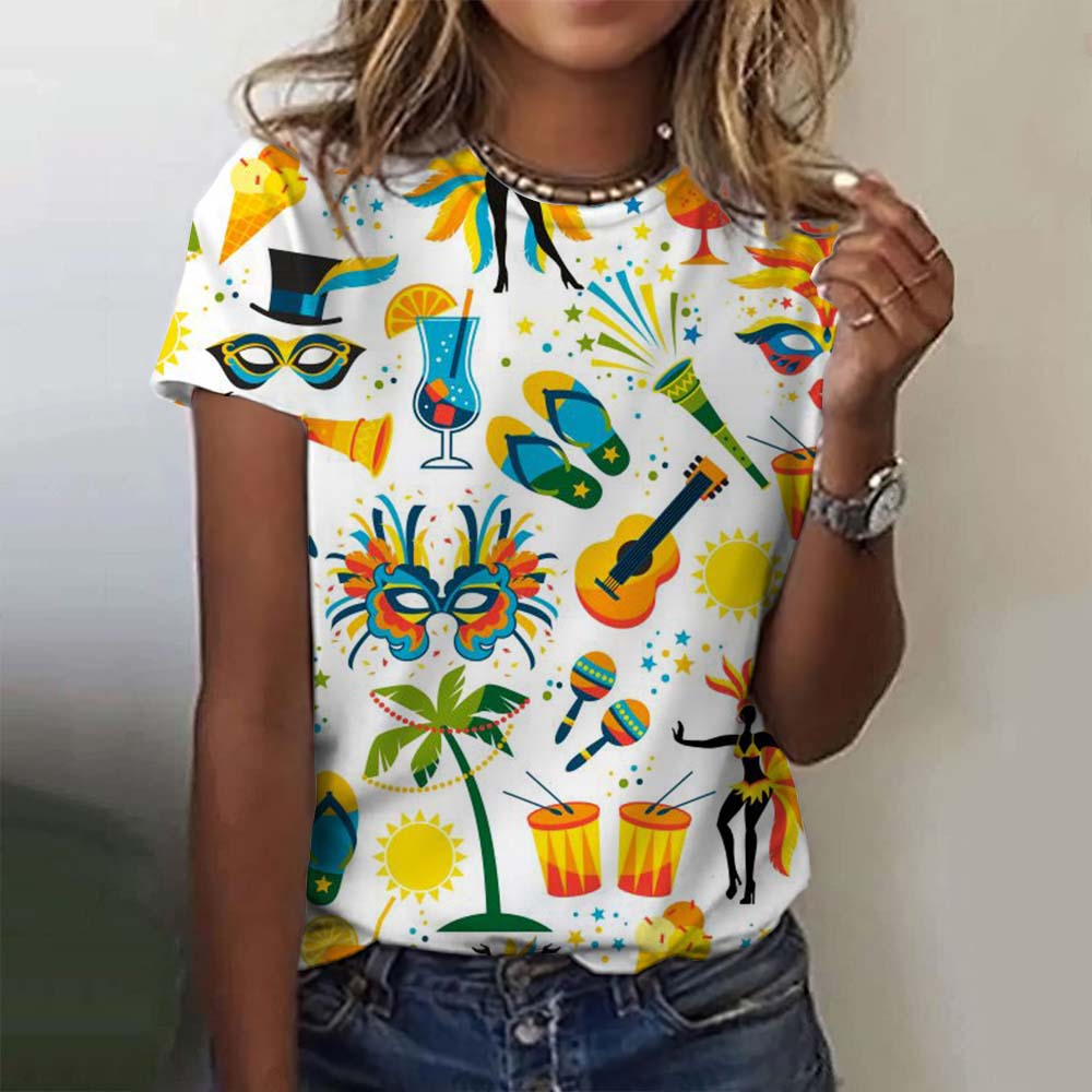 Dámská grafická trička s motivem slavnostní masky Mardi Gras, ležérní letní novinka na dovolenou s klopou a krátkým rukávem, karnevalové oblečení