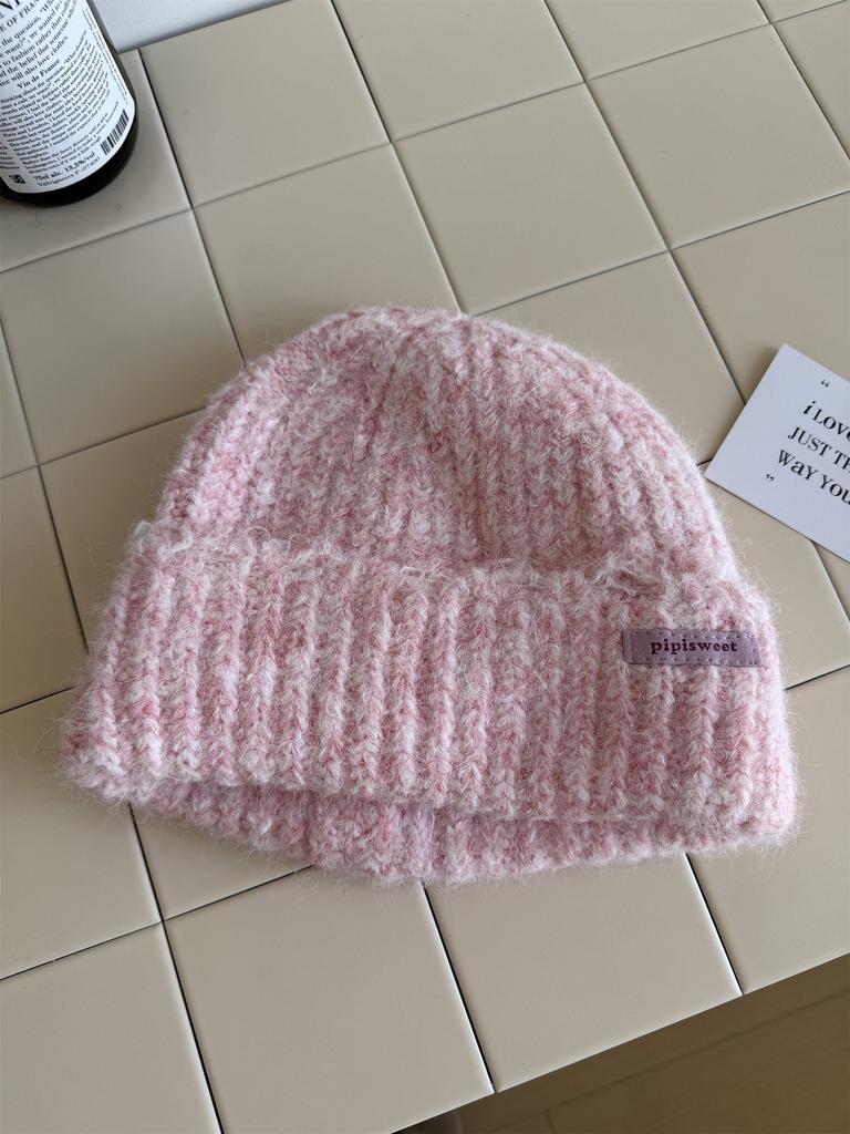 Small Leather Standard Mixed Color Knitted Hat Children's Simple and Versatile Thickened Winter Warm Wool Hat Cold Hat Student Male