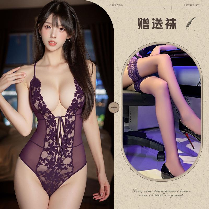 Sexy Lace Suspender Deep V Sex Underwear Lace-Up Perspective Hollow Mesh Onesie