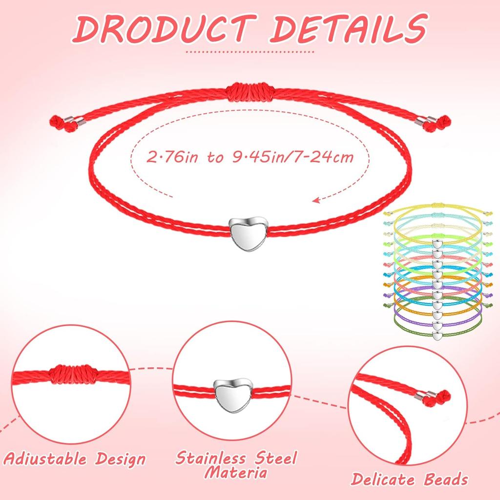 Cunno 100 Pcs Friendship Bracelets Bulk Heart Bracelets Colorful Adjustable String Star Motivational Gifts for Women Girls(Heart Style)
